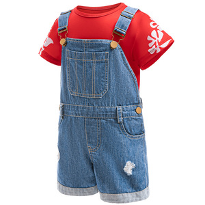 Nouvel arrivage de T-shirts manches courtes imprimés feuilles Lilo à bretelles en denim combinaison courte tenue costume hawaïen pour filles de 2 à 9 ans - Product Image 4
