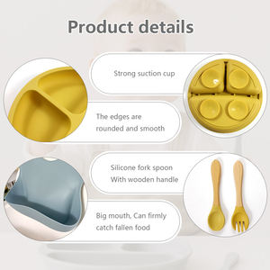LOW MOQ Toddler Feeding Utensils Food Grade Silicone Strong Suction Bowl Divided <strong>Plate</strong> Washable Bebe Babero Wood Handle Spork - Product Image 2