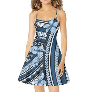 Blau hawaiianischer Aufdruck Bodycon elegante Party Sommer Sling-Kleider für Damen polynesisches Stammesdesign individuelles Mädchen Tank-Top-Kleid