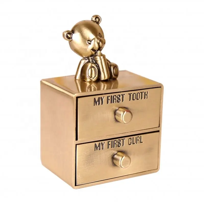 Baby First Tooth and Curl Keepsake Box Set Cute Gold/ Silver Tooth Box Bear Drinking Milk Kids Teeth Fairy Holder