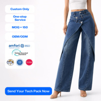 Celana Denim Wanita SHENGFU Custom OEM Pinggang Tinggi Asimetris Model Lilit Kaki Lebar, Celana Panjang Desainer Fashion Longgar Berbahan Washed