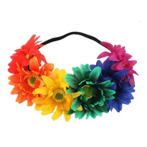 Распродажа, летние богемные повязки на голову с искусственными подсолнухами, радужная ромашка, Цветочная бохо, свадебные эластичные повязки на голову