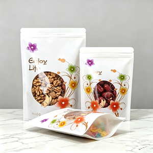 Bolsa de Embalaje para Alimentos con Cierre de Cremallera y Ventana Transparente, Diseño Floral Colorido, para Almacenamiento de Alimentos Secos, Nueces, Dátil, Melón, Blanco - Product Image 1
