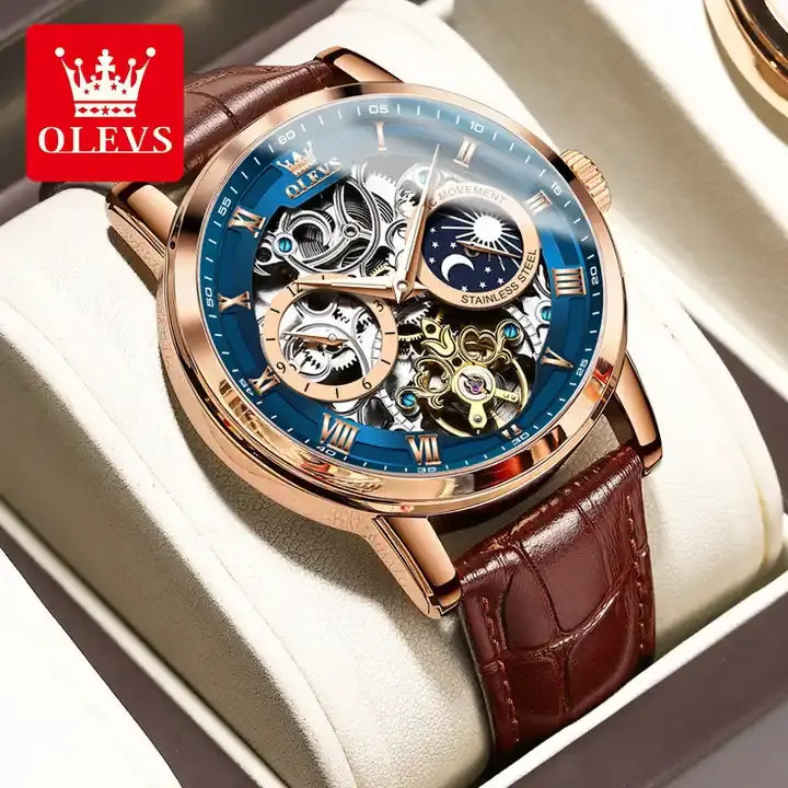 Olevs 6670 New Fashion Casual Men Mechanical Style Watches Luxury Business  Reloj Genuine Leather Waterproof Wrist Watch for Men