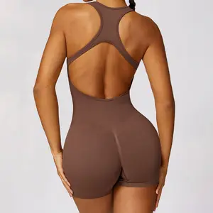 Women's Sleeveless Back Hollowed Sexy Yoga 1 Piece Playsuits Quick Dry Short Leg Seamless Compression Bodysuit