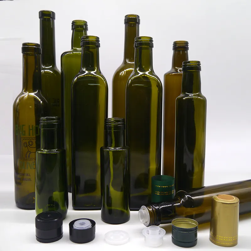 Botol kemasan minyak zaitun gelap Marasca Dorica kotak bulat kaca hijau antik 250ml 500ml