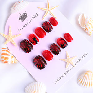 Uñas postizas de lujo acrílicas rojas cortas tipo ataúd, hechas a mano, con cobertura completa, con pedrería de estrellas, precio de fábrica al por mayor - Product Image 1