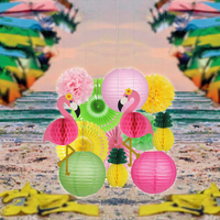 Lampu Kertas Sarang Lebah Bunga Nanas Flamingo Beludru untuk Dekorasi Pesta Hawaii, Paskah, dan Pesta Ulang Tahun Bertema Tropis