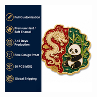 Badge en métal personnalisé plaqué or émail souple, forme irrégulière, avec motifs Dragon Chinois, Panda, Bambou et paillettes, souvenir culturel
