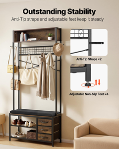 Modern Rustic Brown & Black Wooden 4-in-1 Coat <b>Shoe</b> Rack Hall Tree Factory Wholesale for Front Door Entrance Coat Stands - Product Image 3