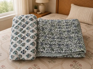 Modern Design Hand Block Printed Quilted Floral <b>Comforter</b> <b>Set</b> Handmade Jaipur Cotton Bedcover with 2 Pillow Covers - Product Image 4