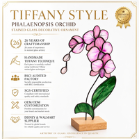 Vitrail Art Déco au design unique Orchidée rose Affichage floral élégant sur socle en bois pour la décoration intérieure ou les cadeaux