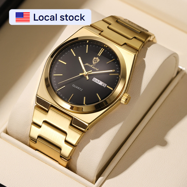 US Local Stock Gohuos 8807 Men Gold Black Quartz Watch Fashion Business Casual Reloj Montre Stainless Calendar Luminous Watches