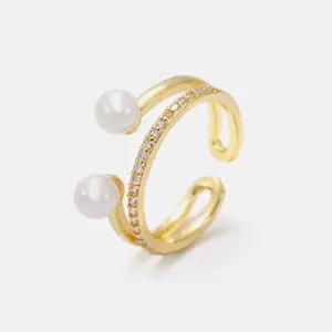NEW Gold Plated Brass Double Pearls Open Ring Cubic Zirconia Hollow Adjustable Finger Rings Engagement Wedding Band CZ Woman