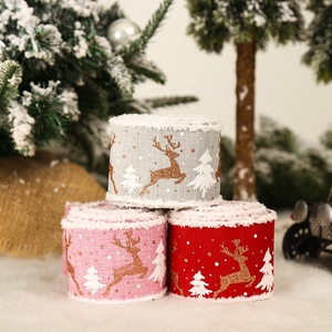 Ornement de Noël 5M Lin Imprimé Elk Arbre de Noël <span class=keywords><strong>Ruban</strong></span> Boîte Cadeau Emballage <span class=keywords><strong>Ruban</strong></span> - Product Image 2