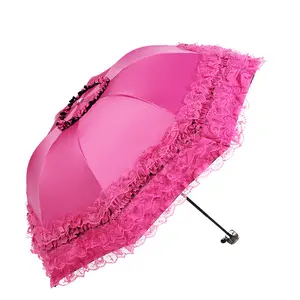 便携式手动折叠日雨两用礼品小蕾丝可折叠女伞出售