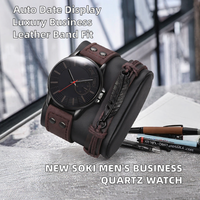 Kit Montre et Bracelet pour Homme en Gros de l'Usine : Boîtier Noir, Bracelet Large en Cuir Marron, Cadran Noir – Personnalisation de Logo en Petites Séries