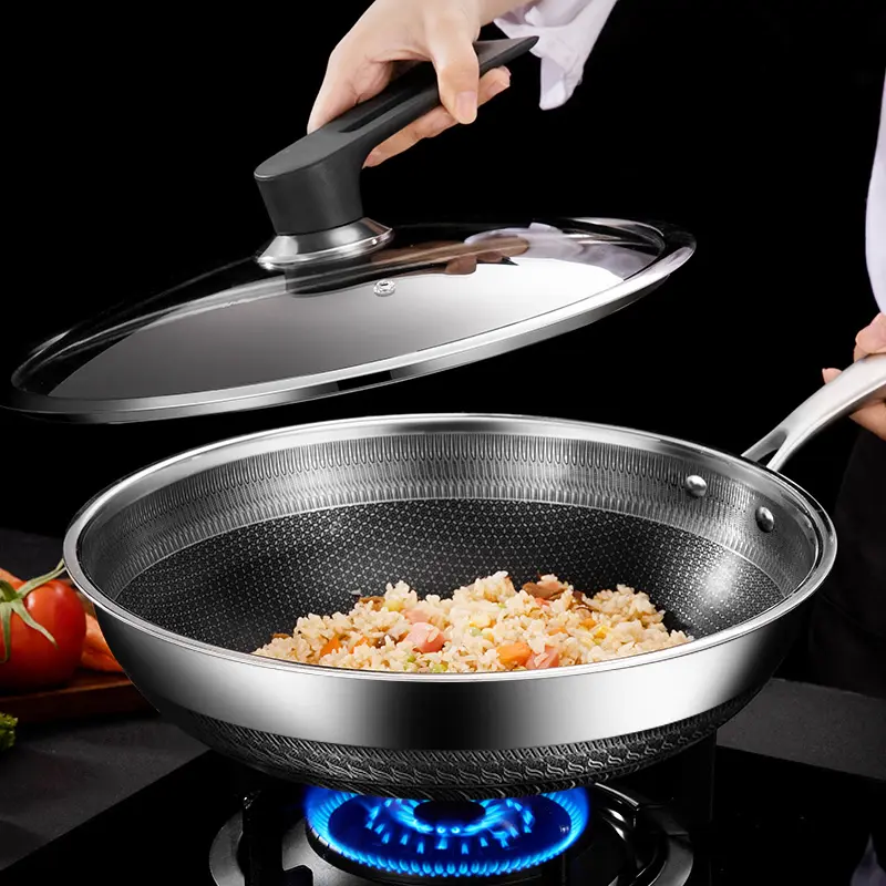 Commercio all'ingrosso della fabbrica padella in acciaio inox 316 antiaderente Wok padella antiaderente a nido d'ape Wok Set pentole Wok