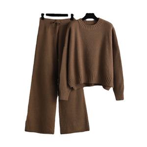 Blubelle hiver solide tissé ensemble en tricot décontracté pour <span class=keywords><strong>femme</strong></span> <span class=keywords><strong>pull</strong></span> fendu + pantalon à jambes larges ensemble deux pièces - Product Image 6