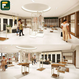 Présentoir contemporain pour magasin de vêtements avec panneau arrière incurvé et armoire de suspension pour vêtements - Product Image 5