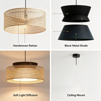Luminaire suspendu moderne en tissu de rotin, abat-jour en tissu noir avec ceinture en rotin tressé, lampe suspendue pour salle à manger, salon