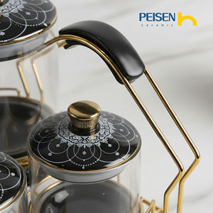 Ensemble de pots de conservation alimentaire en céramique classique, 7 pièces, bocaux en verre, bordure dorée, support en fer, poignée, thé, café, sucre, épices, OEM - Product Image 4