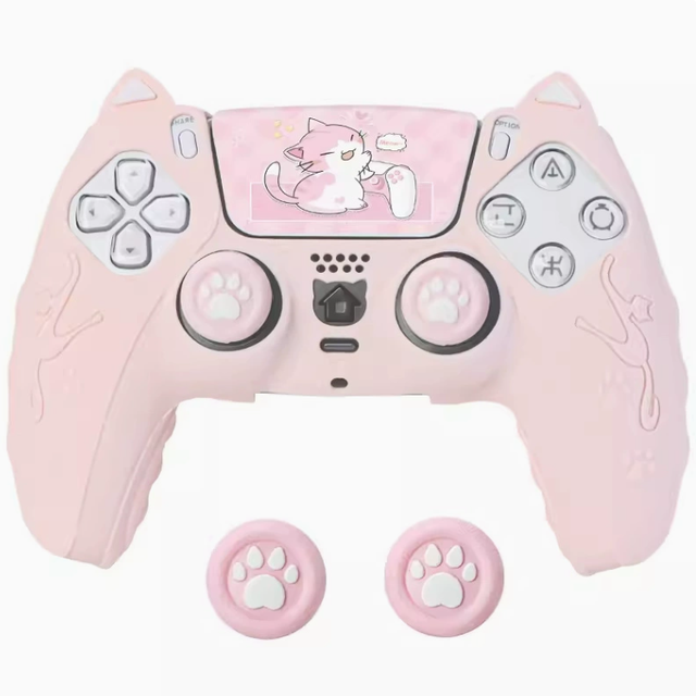 Anti-Slip Cute Cat Ear Silicone Cover for PS5 Controller Joystick Caps Cat Paw Touchpad Stickers Set Protective Skin