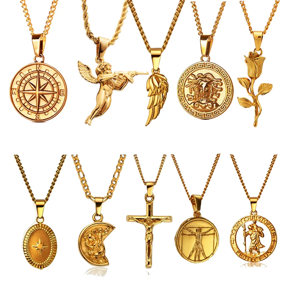 Aço inoxidável Sea Compass Pingente Colar Medusa Charme 18K Gold Crucifix 3D Revenge Gun Anjo Colar Punk Para Homens Mulheres