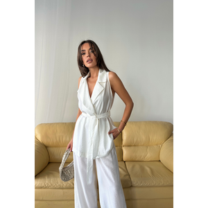 Ensemble gilet et pantalon en lin blanc pour femme, taille S, tenue décontractée d'été, pantalon à jambes larges avec ceinture - Product Image 5