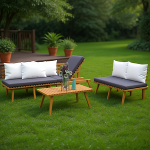 Ensemble salon de jardin en teck 4 places, mobilier d'extérieur moderne du milieu du siècle avec coussins gris foncé et oreillers blancs - Product Image 2