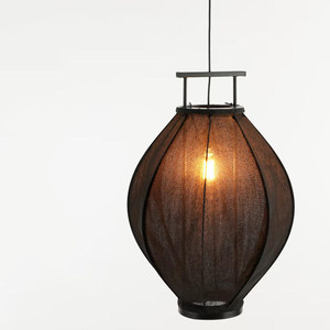 Lustre de style chinois en forme de melon d'hiver, abat-jour en lin, structure en métal noir, luminaire suspendu pour la décoration de salons de thé et de restaurants - Product Image 5