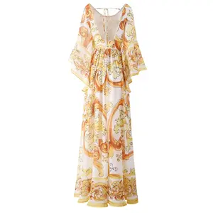 Abito lungo elegante primavera primavera nuovo Fashion Design da donna in <span class=keywords><strong>Chiffon</strong></span> stampa Vintage <span class=keywords><strong>giallo</strong></span> stampa senza schienale - Product Image 2