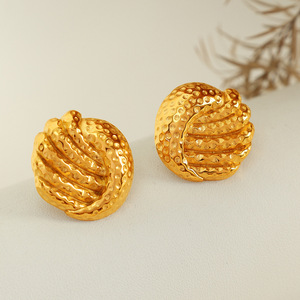 <b>Titanium</b> Steel 18k Electroplated <b>Stud</b> Earrings Gold Asymmetrical Pleated Fan Shape Minimalist Design Fashion Jewelry - Product Image 1