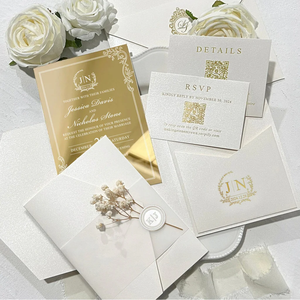 Personal isierte Luxus Gold Spiegel lädt elegante botanische und Goldfolie Tasche Acryl Hochzeits einladungen mit QR-Code RSVP - Product Image 1