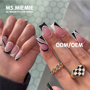 Ms.Miemie 24 <span class=keywords><strong>Uñas</strong></span> Postizas Reutilizables de ABS, Diseño de Ataúd Largo con Línea Blanca <span class=keywords><strong>y</strong></span> Negra, Punta de Uña Falsa para Dedos, <span class=keywords><strong>Uñas</strong></span> al por Mayor - Product Image 1