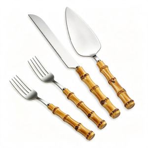 Juego de utensilios para cortar pasteles de boda de acero inoxidable, espátula para pasteles, tenedor para postres, cuchillo para pizza, diseño con mango de bambú antideslizante - Product Image 1