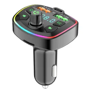 Carregador de carro com disco TF U, MP3 player para carro, USB duplo, PD tipo C, sem fio, BT5.0 FM, transmissor com luz RGB