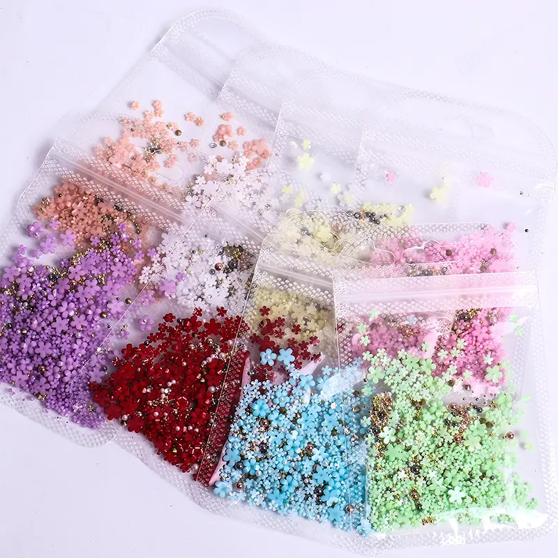 Nail Decorations Five-Petal Flower Color Acrylic Flower Gold Silver Beads Nail Accessory Resin Rhinestone Nail Charms