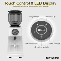 Moulin à café à faible bruit avec meules en acier inoxydable de 64 mm |   150W 3Nm Couple élevé |   Dosage précis à la seconde près (0,1 g) |   320g Lock Hopper |   Prêt CE