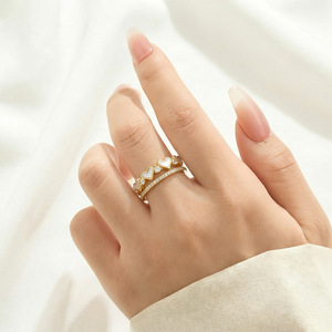 Heart Shaped Mother Of Pearl Open <b>Ring</b> Copper Alloy Micro Set Zircon Double Layer <b>Adjustable</b> Band Jewelry Gift - Product Image 2