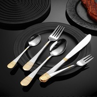 Ensemble de 5 couverts durables en acier inoxydable avec incrustations dorées, fourchette, couteau, cuillère, qualité artisanale, compatibles lave-vaisselle pour hôtels, restaurants, usage domestique