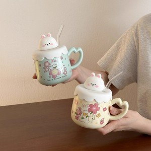 Cherry Blossom Rabbit <b>Ceramic</b> <b>Mug</b> With Lid And Straw Pink Blue Cartoon Design For Coffee Milk Breakfast Gift - Product Image 5
