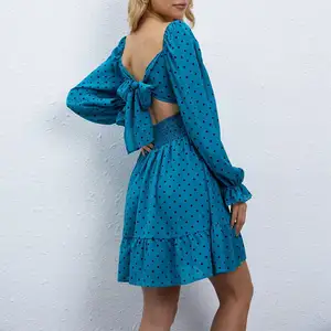 SHULIQI Long Flare Sleeve Vintage Polka Dot Printed Chiffon Summer Trending Crochet Ladies Long Dress