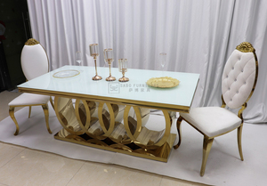 Современный Свадебный кофейный обеденный стол из нержавеющей стали со стеклянными металлическими ножками Регулируемый дизайн для домашнего бара и отеля 6 стульев - Product Image 3