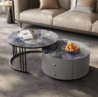 Table basse gigogne moderne tendance de luxe léger - Plateau en verre, tiroir côtelé, structure métallique pour salon et petits appartements