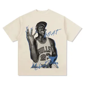 Camiseta informal pesada de cuello redondo simple de manga corta con estampado de personaje de baloncesto de leyenda del aire de nuevo diseño para hombres