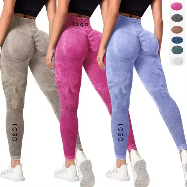 Washed Scrubbed Hollow out Tight Pants Women High Waist Soft Stretchy Tie Dye Leggings Marble Seamless Scrunch Yoga Leggings