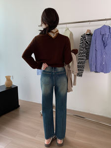 بنطلون جينز فضفاض للنساء من يوانبويفي بخصر عالٍ وساق مستقيمة، ضيق ولكن غير ضاغط، لون أزرق داكن، تصميم بسيط وعصري - Product Image 4