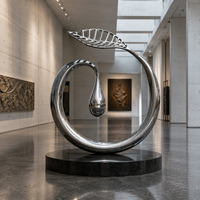 Sculpture moderne abstraite en acier inoxydable poli miroir, motif feuille et goutte d'eau, couleurs personnalisables pour aménagement paysager extérieur