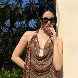 Blusa Halter Marrón con Puntos para Mujer, de Malla Transparente Plisada, con Cuello en V y Espalda Descubierta, Top Sexy para Fiesta de Verano, Novedad 2026 - Product Image 3